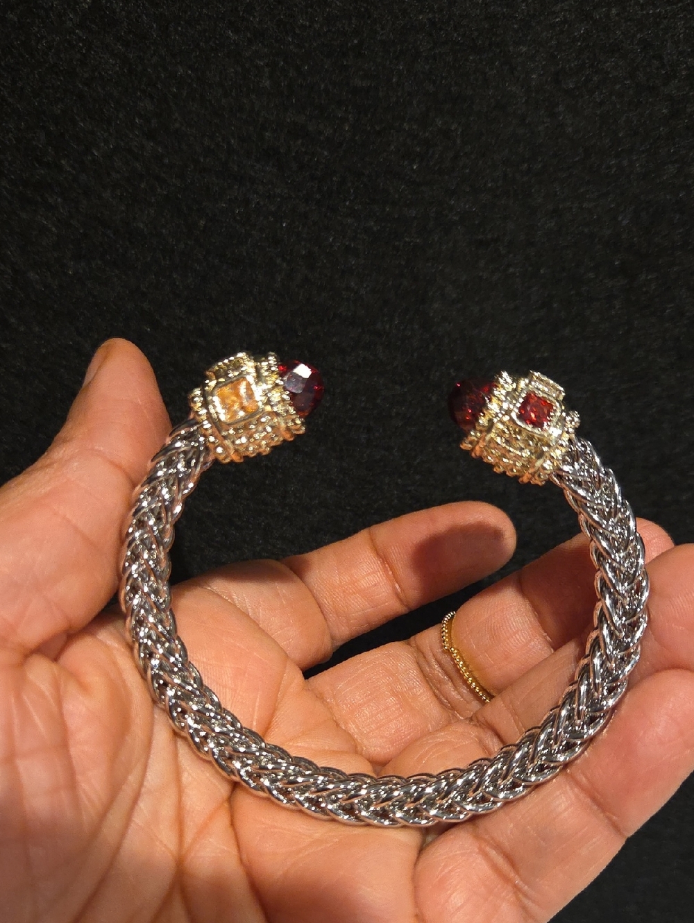 Silver Braided Cuff Bracelet with Red and Gold Accent Stones
